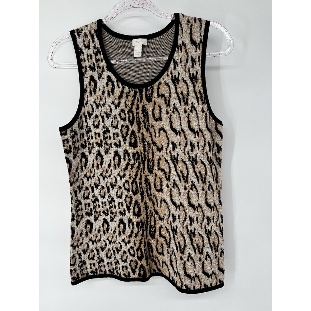 Chicos Sweater Tank Top Tan and‎ Black Animal Print Womens Size 1 (Size 4-6)